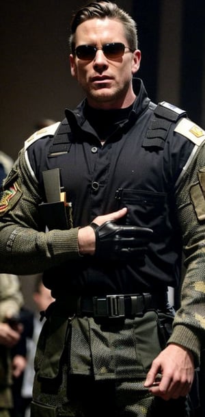 A fragmented figure with a patchwork costume, badges, and pixelated head holds two sleek black objects in front of a camouflaged militia group. Members of the military unit wear tactical gear, patches, and vests with insignia, including one soldier sporting an 'A' symbol on their chest plate, amidst a backdrop of neutral tones and subtle shadows.