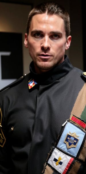 A fragmented figure with a patchwork costume, badges, and pixelated head holds two sleek black objects in front of a camouflaged militia group. Members of the military unit wear tactical gear, patches, and vests with insignia, including one soldier sporting an 'A' symbol on their chest plate, amidst a backdrop of neutral tones and subtle shadows.