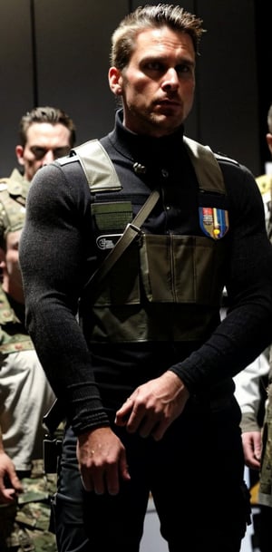 A fragmented figure with a patchwork costume, badges, and pixelated head holds two sleek black objects in front of a camouflaged militia group. Members of the military unit wear tactical gear, patches, and vests with insignia, including one soldier sporting an 'A' symbol on their chest plate, amidst a backdrop of neutral tones and subtle shadows.