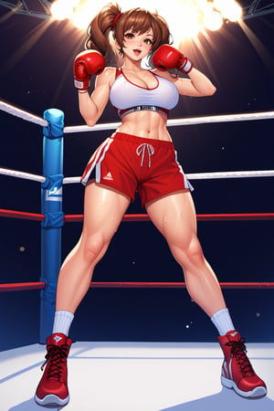 (score_9, score_8_up, score_8, score_7_up, score_7), masterprice, (rating_safe), (source_anime), intricate_details_xl, 1girl, solo, large breast, cleavage, open eyes, red shorts, shorts, boots, boxing, boxing gloves, boxing ring, breasts, brown eyes, brown hair, cleavage, crop top, cross-laced footwear, large breasts, midriff, navel, open mouth, solo, sports bra, sweat, twintails, white sports bra, standing