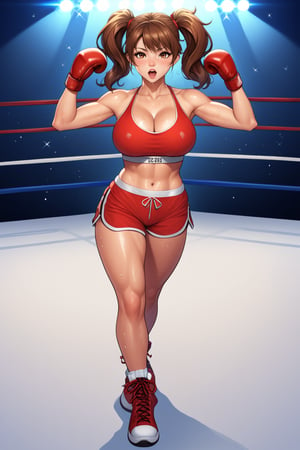 (score_9, score_8_up, score_8, score_7_up, score_7), masterprice, (rating_safe), (source_anime), intricate_details_xl, 1girl, solo, large breast, cleavage, open eyes, red shorts, shorts, boots, boxing, boxing gloves, boxing ring, breasts, brown eyes, brown hair, cleavage, crop top, cross-laced footwear, large breasts, midriff, navel, open mouth, solo, sports bra, sweat, twintails, white sports bra, standing