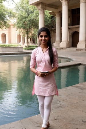 A cute, slim body 21-year-old Indian girl with a bright smile, wearing a pink kurti with white leggings, holding a notebook close to her chest. She is standing near the college fountain, her hair in a playful ponytail, and wearing simple earrings and a bracelet.
