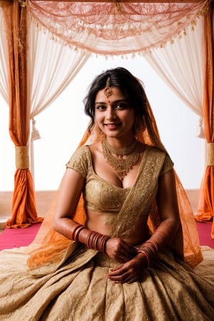 Generate images of a radiant 21-Year-Old Indian Girl in a stunning bridal saree, adorned with intricate embroidery and bridal jewelry. She is participating in traditional wedding rituals like applying haldi or exchanging garlands with the groom. Capture her joyful expressions and the elaborate decorations of a wedding venue.
