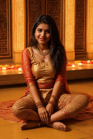 Create images of a joyful 21-Year-Old Indian Girl in a colorful salwar kameez, celebrating a festive occasion like Diwali. She is surrounded by diyas (oil lamps) and colorful rangoli designs on the floor. Her attire and jewelry reflect the festive spirit, with bright colors and traditional motifs.