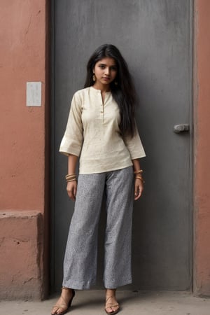 Create images of a modern 21-Year-Old Indian Girl in a casual yet elegant ethnic outfit, such as a stylish kurti paired with palazzo pants or jeans. She is posing in a contemporary setting that reflects urban India, with elements like street art or bustling market stalls in the background. Her outfit and accessories blend traditional and modern styles.