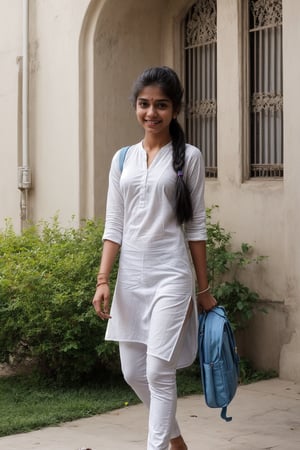 A slim body 21-year-old Indian girl dressed in a simple yet elegant white kurta with blue jeans, carrying a backpack. She is standing in front of her college building with a confident smile, her hair in a ponytail, and minimal jewelry