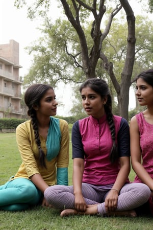 A cute, slim body 21-year-old Indian girl in a colorful kurti and leggings, sitting on the grass with her friends. They are sharing notes, her hair in a side braid, and she has an animated expression as she explains something to her group.