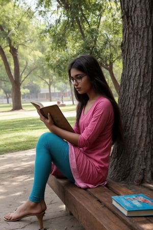 A slim body 21-year-old Indian girl in a colorful kurti and leggings, holding a stack of books. She is sitting on a bench under a tree on the college campus, her hair left loose, with a pair of glasses perched on her nose.