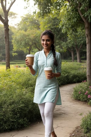 A cute, slim body 21-year-old Indian girl in a pastel-colored kurti with white leggings, walking through a garden on the college campus. Her hair is tied back in a ponytail, and she is holding a cup of coffee, smiling as the morning sun shines on her face.
