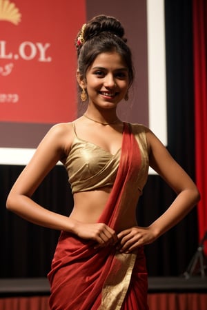 A cute, slim body 21-year-old Indian girl in a traditional red saree with gold accents, preparing for a college cultural event. She is standing on stage, adjusting the microphone, her hair in a neat bun adorned with flowers, and she has a radiant smile.