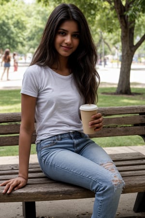 A cute, slim body 21-year-old Indian girl wearing a casual white t-shirt with blue jeans, sitting on a bench under a tree. Her hair is loose and flowing, she has a soft smile, and she is holding a cup of coffee, enjoying her break between classes.
