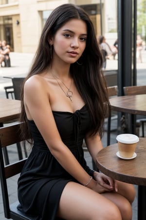 1girl, solo, long hair, black hair, Black dress, brown eyes, jewelry, earrings, Watch, outdoors, parted lips, day, necklace, bag, realistic, Sitting in a coffee shop and enjoying coffee 
