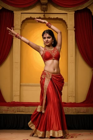 Generate images of a graceful 21-year-Old Indian Girl in a vibrant red lehenga, adorned with intricate gold embroidery and traditional jewelry. She is performing a classical dance like Bharatanatyam or Kathak, with expressive hand gestures and poised movements. The background features a stage adorned with traditional drapes and musicians in the background.