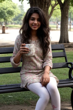 A cute, slim body 21-year-old Indian girl in a floral kurti with leggings, sitting on a bench under a tree, enjoying a break between classes. Her hair is loose and wavy, and she is holding a cup of tea with a content smile.