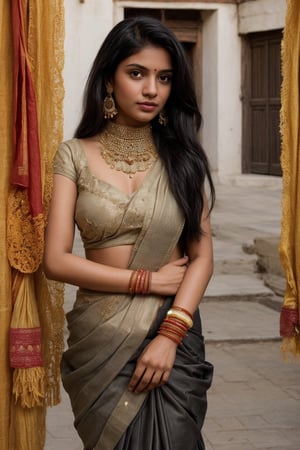 Generate images featuring a slim 21-Year-Old Indian Girl with long, flowing black hair, elegantly draped in vibrant sarees of intricate patterns. Saree should be adorned with traditional embellishments like gold trimmings or delicate embroidery. She complements each look with matching traditional jewelry, including earrings, necklaces, and bangles. Capture her in different poses and expressions that radiate confidence and grace. Set the scenes against backgrounds that reflect Indian culture—colorful fabrics, traditional motifs, and settings such as bustling markets or serene temple courtyards