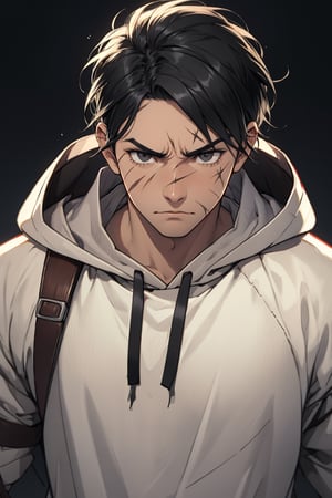 Eren Yeager,, short hair, black hair, dull black eyes,  intense gaze, Very Black Hoodie,(black eye bandage on righteye), (Demon Slayer samurai), fit body, 34 years old, charming, alluring, dejected, depressed, sad, calm eyes, (standing), (upper body in frame),  black background, only1 image, perfect anatomy, perfect proportions, perfect perspective, 8k, HQ,  look at viewer, scars on face