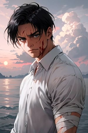 Levi Ackerman,, short hair, black hair, dull black eyes,  intense gaze, pure white collared shirt,(black eye bandage on righteye), (AttackonTitan, wearing Omni-directional mobility gear), fit body, 34 years old, charming, alluring, dejected, depressed, sad, calm eyes, (standing), (upper body in frame), simple background, endless ocean, pink cloudy sky, dawn, 1910s harbor, only1 image, perfect anatomy, perfect proportions, perfect perspective, 8k, HQ,  look at viewer, scars on face, weathered, wounds, blood