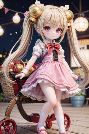 Yaoyao_Impact, red eyes, very long blonde hair, twintails, full_body, sleigh bell, blurry_background, loli, blush, (alice in wonderland theme), (alice in wonderland girl), (pink dress), pink shoes, standing_up,