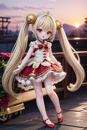 Yaoyao_Impact, red eyes, (((very long blonde hair))), twintails, full_body, sleigh bell, blurry_background, loli, blush, open mouth, hair ornament, earrings, pointy ears, (sunset), wedding_dress, (((red shoes))), standing_up,