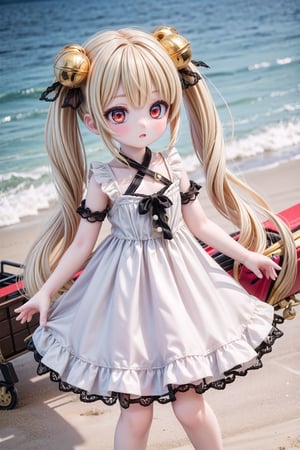 Yaoyao_Impact, red eyes, very long blonde hair, twintails, full_body, sleigh bell, blurry_background, loli, blush, (beach theme), wearing in a summer dress, silk dress, cute sundress, cute dress, beautiful silky dress, sundress, in a dress, beautiful soft silky dress, flowing dress, soft cute colors, wearing sundress,