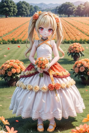 Yaoyao_Impact, red eyes, very long blonde hair, twintails, full_body, sleigh bell, blurry_background, loli, blush, (field of flowers), (((orange wedding_dress))), orange shoes, standing_up,