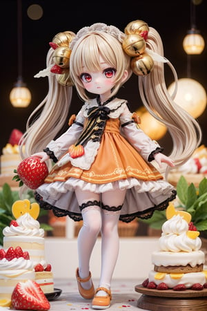 Yaoyao_Impact, red eyes, very long blonde hair, twintails, full_body, sleigh bell, blurry_background, loli, blush, (orange dress), lolita_dress, petite, white lace, frill, lace, lace trim, white lace thighhighs, (strawberry shortcake:1.2), cake, cream, outdoor, standing_up,