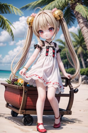 Yaoyao_Impact, red eyes, very long blonde hair, twintails, full_body, sleigh bell, blurry_background, loli, blush, (beach theme), wearing in a summer dress, silk dress, cute sundress, cute dress, beautiful silky dress, sundress, in a dress, beautiful soft silky dress, flowing dress, soft cute colors, wearing sundress, red shoes,