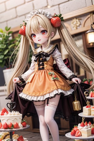 Yaoyao_Impact, red eyes, very long blonde hair, twintails, full_body, sleigh bell, blurry_background, loli, blush, (orange dress), lolita_dress, happy, petite, white lace, frill, lace, lace trim, white lace thighhighs, (strawberry shortcake:1.2), cake, cream, outdoor, standing_up,