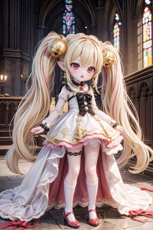 Yaoyao_Impact, red eyes, (((very long blonde hair))), twintails, full_body, sleigh bell, blurry_background, loli, blush, (Hands:1.1), better_hands, open mouth, hair ornament, earrings, pointy ears, (((dark gothic cathedral interior))), (pink wedding_dress), red shoes, standing_up,