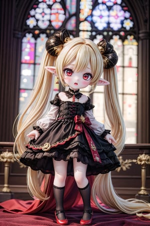 Yaoyao_Impact, red eyes, (((very long blonde hair))), twintails, full_body, sleigh bell, blurry_background, loli, blush, (Hands:1.1), better_hands, open mouth, hair ornament, earrings, pointy ears, (((dark gothic cathedral interior))), (black wedding_dress), red shoes, standing_up,