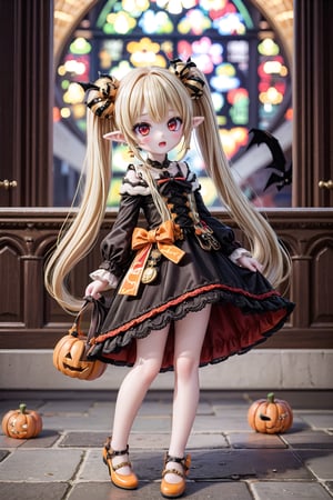 Yaoyao_Impact, red eyes, (((very long blonde hair))), twintails, full_body, sleigh bell, blurry_background, loli, blush, (Hands:1.1), better_hands, open mouth, hair ornament, earrings, pointy ears, (((dark gothic cathedral interior))), (halloween dress), orange shoes, standing_up,