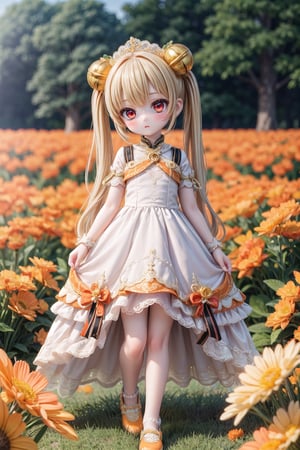 Yaoyao_Impact, red eyes, very long blonde hair, twintails, full_body, sleigh bell, blurry_background, loli, blush, (field of flowers), (((orange wedding_dress))), orange shoes, standing_up,