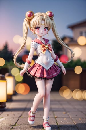 Yaoyao_Impact, red eyes, very long blonde hair, twintails, full_body, sleigh bell, blurry_background, loli, blush, (sailor moon theme), sailor moon costume, pink shoes, standing_up, pink skirt, pink ribbon,