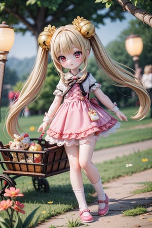 Yaoyao_Impact, red eyes, very long blonde hair, twintails, full_body, sleigh bell, blurry_background, loli, blush, (alice in wonderland theme), (alice in wonderland girl), (pink dress), pink shoes, standing_up,