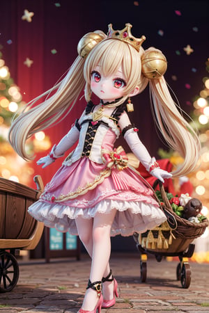 Yaoyao_Impact, red eyes, very long blonde hair, twintails, full_body, sleigh bell, blurry_background, loli, blush, pink gloves, pink dress, jewelry, red round earrings, clear glass high heels, black ring neck, white elbow gloves, high heels, pink dress, tiara, crown, skirt, princess, dress,