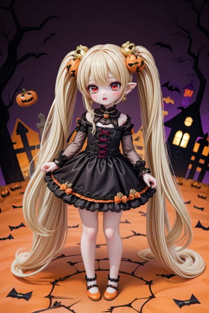 Yaoyao_Impact, red eyes, (((very long blonde hair))), twintails, full_body, sleigh bell, blurry_background, loli, blush, open mouth, hair ornament, earrings, pointy ears, (((gothic theme))), (((dark theme))), (((halloween dress))), red shoes, standing_up,