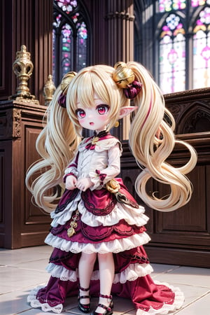 Yaoyao_Impact, red eyes, (((very long blonde hair))), twintails, full_body, sleigh bell, blurry_background, loli, blush, (Hands:1.1), better_hands, open mouth, hair ornament, earrings, pointy ears, (((dark gothic cathedral interior))), (((magenta wedding_dress))), (((magenta shoes))), standing_up,