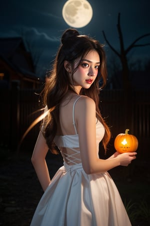 A hauntingly beautiful image of a woman, transformed into a vampire, donning a Sailor Moon costume, complete with two hair ties and a sailor-inspired getup. On a dark Halloween night, she stands amidst a spooky atmosphere, lit by flickering candles and an eerie moon glow. Her skin has a pale, porcelain-like quality, while her eyes gleam with an otherworldly intensity. The Sailor Moon costume is adorned with intricate details, matching the fantastical background of twisted trees and glowing jack-o-lanterns.