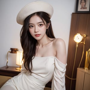 An enchanting Korean idol girl with long, flowing brown hair styled elegantly, adorned with a small pirate hat clip. She is dressed in a stunning white off-shoulder dress featuring puffy pirate sleeves that accentuate her youthful charm, complemented by a chic brown leather skirt. In one hand, she confidently holds a large gold alarm clock, its intricate design reflecting light, while the other hand showcases a shiny gold coin, symbolizing adventure and treasure, adding a playful touch to the scene. The girl is smiling radiantly, tilting her head slightly to convey warmth and approachability, dynamic pose that showcases her confidence. The setting features a clean white background to emphasize her vibrant appearance and outfit details, capturing the essence of beauty and joy in full body, masterpiece (8k, photorealistic, RAW photo, best quality: 1.6), beautiful face, realistic face, beautiful hairstyle, realistic eyes, beautiful detailed eyes, realistic skin, beautiful skin, clean skin, ultra high res, ultra realistic, hightly detailed, golden ratio