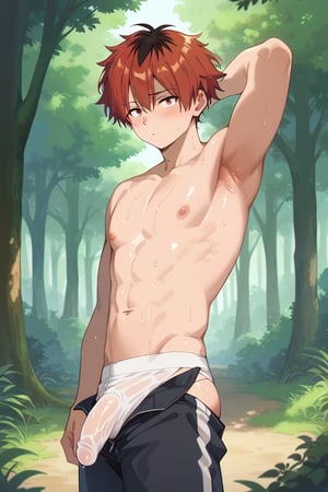 score_9, score_8_up, score_7_up, masterpiece, best quality, 1boy, male_focus, looking_at_viewer, forest, blushing, modeling, posing, jock_strap, large_cock, erect_cock, crotch_bulge, sweating, armpits, sweating, musk, musky,oiled skin,shiny skin,wet skin, guy_pants, pants pull, bulge, male underwear, open pants, pants lift, bulge lift
stark_sousou_no_frieren,red hair,red eyes,
