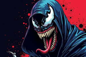 Showcasing the ominous form of Venom, cloaked in a dark Halloween era, with an eerie ascii-inspired graphical manifestation, haunting and vivid pop-art color convergence.