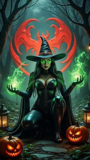 A dark Halloween night scene: a witch, dressed in black and orange robes, crouches amidst a swirling vortex of green mist, surrounded by twisted vines and eerie lanterns. Venom's iconic logo glows red in the background, as if infused with malevolent energy. The witch's eyes glow with an otherworldly green light, while her hands weave a spellbound circle around her. A faint glow of jack-o-lanterns casts an ominous orange hue on the scene.