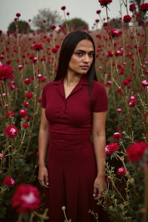 A vintage-inspired snapshot captures a woman in a dark red dress amidst a boundless tapestry of crimson, burgundy, and purple flowers, their delicate petals seemingly suspended in mid-air. The retro-style dress, adorned with subtle floral patterns, blends seamlessly with the surrounding blooms as if woven into the fabric of the scene. A soft focus, reminiscent of analog photography, envelops the subject, while gentle color gradations evoke a sense of nostalgia and timelessness.