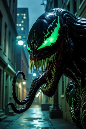 A close-up shot of Venom's grotesque face, with eerie green bioluminescent markings illuminating his skin in a dark alleyway at night. His razor-sharp teeth are bared in a snarl, and his eyes glow like embers as he lets out a menacing hiss. The cityscape looms behind him, a stark contrast to the darkness that surrounds this alien symbiote.