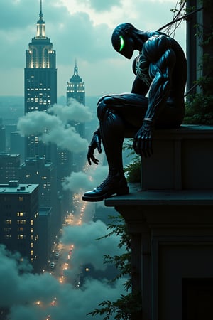 A dramatic, firmly perspective shot radiantly showcasing Venom's penetrating, emerald eyes aglow in the gloom, against a breathtaking backdrop of towering, illuminated metropolitan structures. Eddie Brock, the human host of the symbiote, perches militantly on an elevated rooftop ledge, his physique tense as he scrutinizes the urban skyline from a perspective that radically challenges the norm. A subtle veil of mist encroaches imperceptibly from the left-hand side, wrapping the scene in a thrilling, air of shrouded enigma.