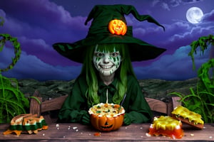 A close-up shot of a Halloween girl, dressed in a witch's hat and a playful costume, sitting at a wooden table surrounded by an eerie atmosphere. Spooky foods like jack-o'-lantern soup, spider web pasta, and graveyard dirt cups are scattered before her. She takes a bite of the 'worms' (green Jell-O) with a mischievous grin, as if savoring the thrill of eating something truly unsettling on this dark and stormy Halloween night.