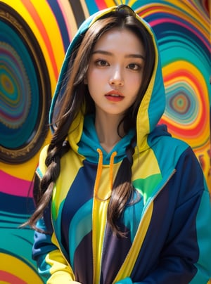 A stunning portrait of a young woman dressed in a vibrant, multicolored hoodie with swirling patterns of blue, orange, and teal. Her long, flowing hair cascades down her shoulders, complementing the intricate design of her outfit. The background mirrors the psychedelic patterns of her attire, creating a seamless, mesmerizing effect. The woman's expression is calm and confident, her gaze directed towards the viewer. The overall scene exudes a sense of bold, artistic flair and modern fashion.