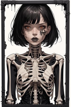 Art by Gabriel Picolo: one woman, young, pale, thin, soft features, short hair, bangs, straight hair, thin face, holding frame, x-ray, bones behind frame, bones, skeleton, ribcage, bones rotting, broken bones, rotten bones, gore, calm tired expression . Digital illustration. close up, three quarters angle.,Fang