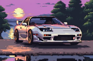 mazda rx7, pixel style, japanese, jdm, 3/4 angle, day time, sunset, lake view, headlights turn on, headlights working, headlights Tōge, touge (8k, RAW photo, best quality, masterpiece:1.2), trending on artstation, videogame art, pixel art