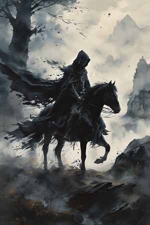 A lone boy, clad in a dark hood and billowy cloak with the cowl drawn up to conceal his face, sits atop a powerful horse as it gallops through a misty, moonlit landscape. In one hand, he grasps a worn sword hilt, its blade glinting faintly in the silver light. A human skull lies at their feet, a macabre reminder of the boy's mysterious journey.